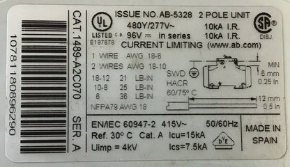ALLEN BRADLEY 1489-A2C070 SER A AB-5328 2 POLE UNIT CIRCUIT 50/60HZ