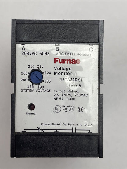 FURNAS 47TA32DX1 VOLTAGE MONITOR 208VAC 60HZ SER A OUTPUT 2.5A 250VAC NEMA C300