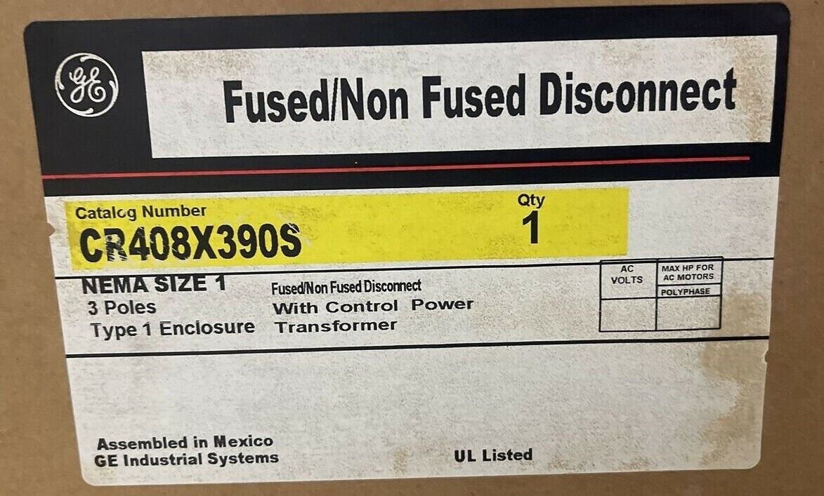 GE CR408X390S FUSED / NON FUSED DISCONNECT NEMA SIZE 1 TYPE 1 ENCLOSURE ONLY