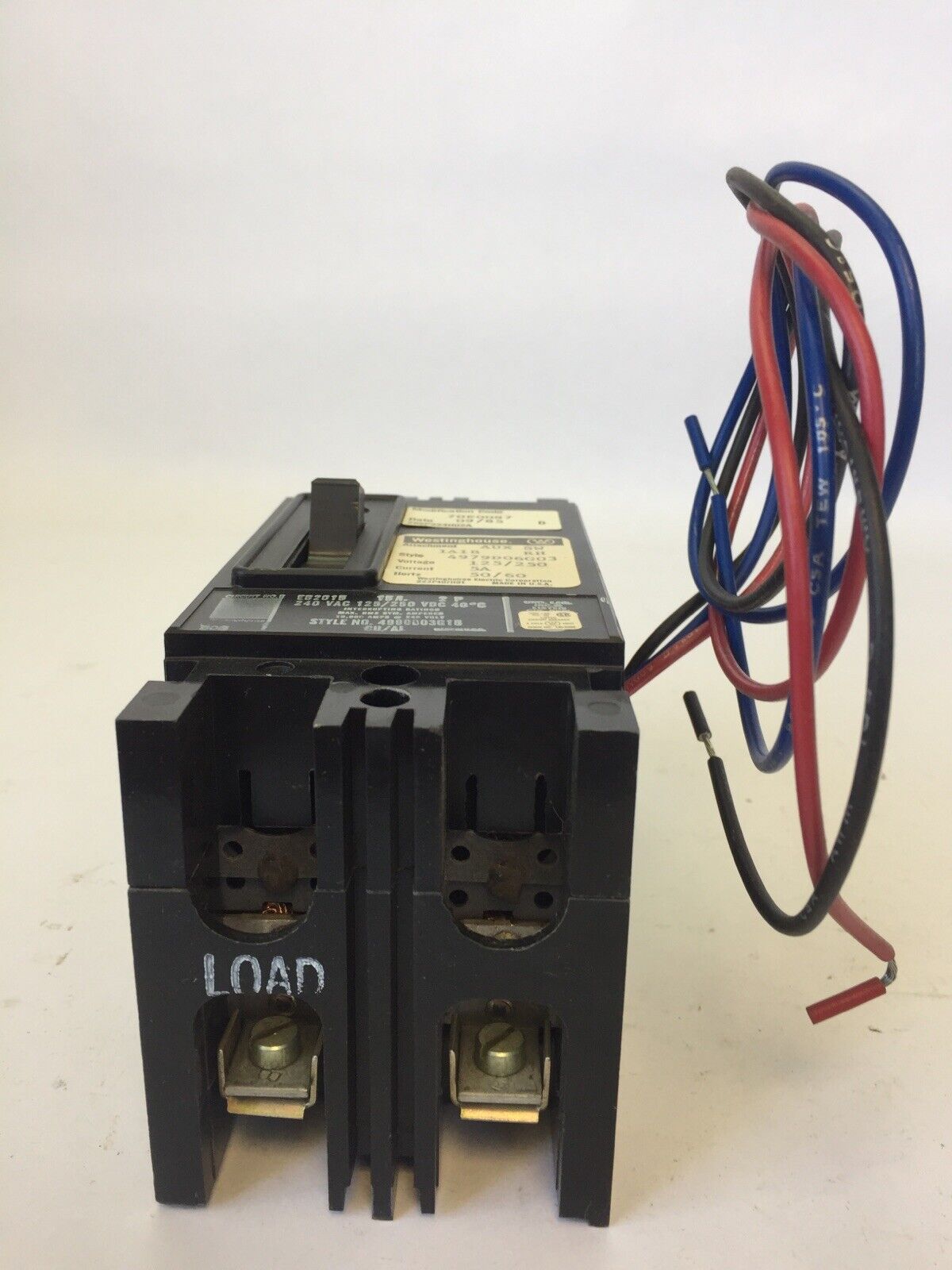 WESTINGHOUSE EB2015 CIRCUIT BREAKER 15AMP 2POLE 240VAC 125/250VDC 4990D03G18
