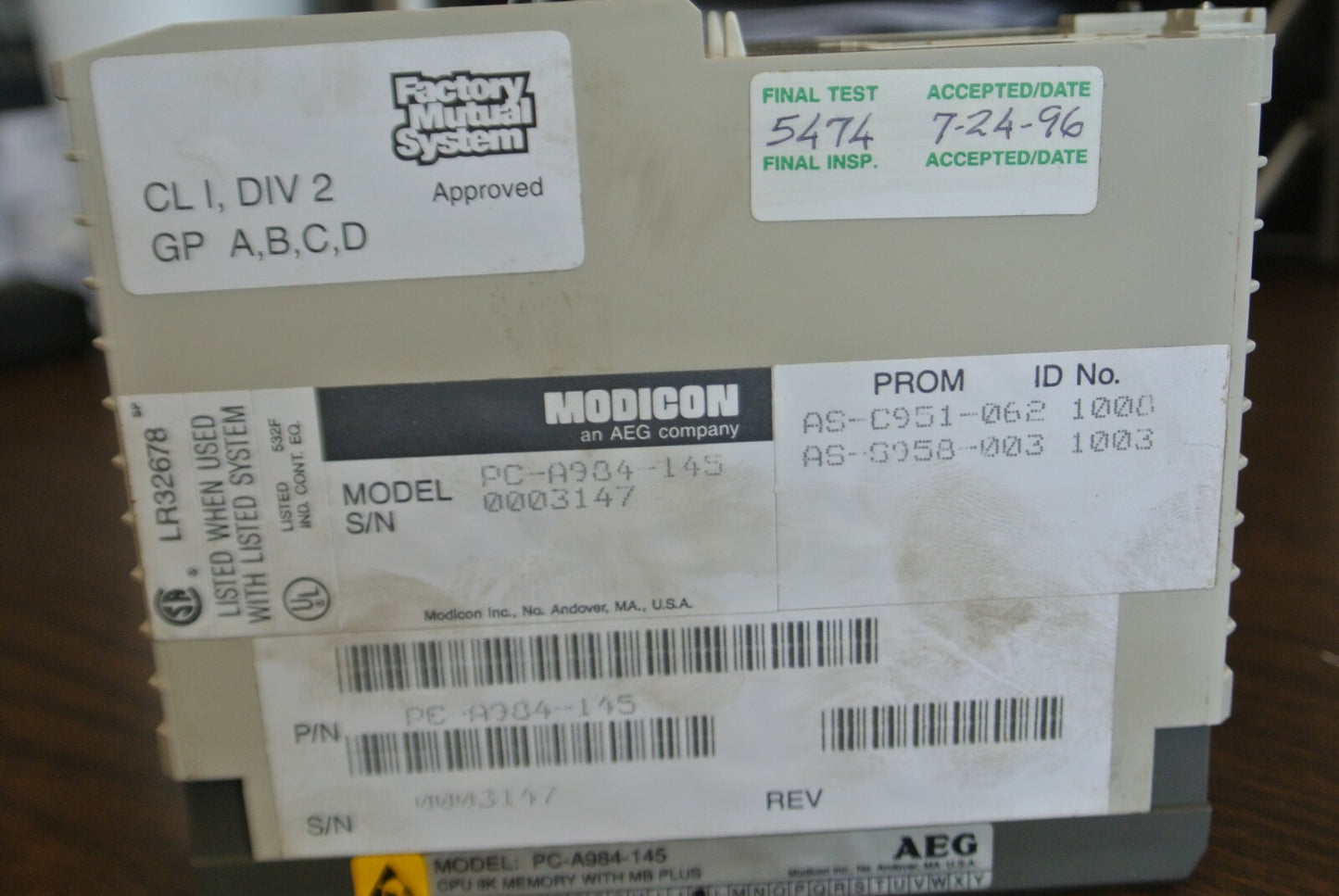 AEG / MODICON PC-A984-145 CPU 8K MEMORY w/ MB PLUS / Rev. K