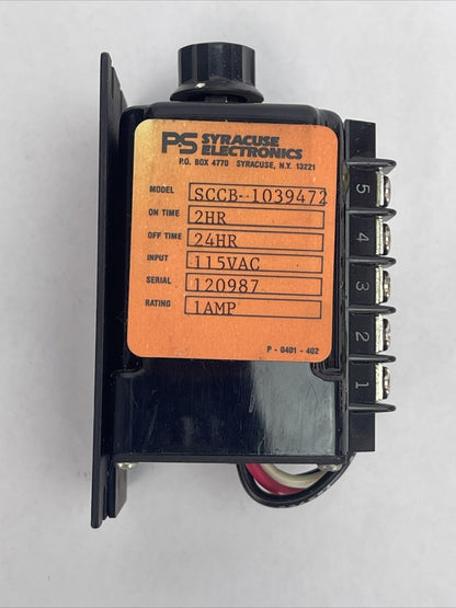 SYRACUSE ELECTRONICS SCCB-1039472 TIME DELAY RELAY 115VAC 1A ON TIME 2HR OFF TIM