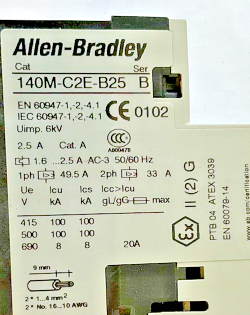 ALLEN BRADLEY 140M-C2E-B25 CONTACTOR SER.B W/ 140M-C-A AUX. CONTACT SER.A