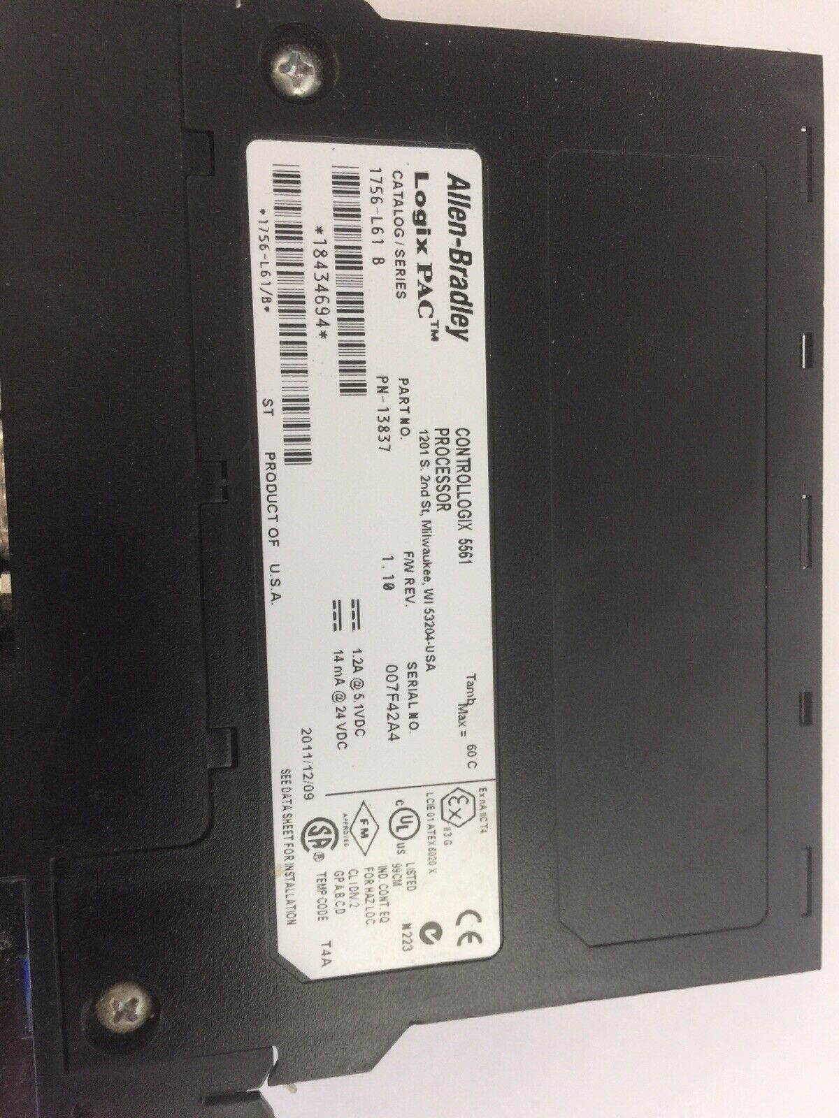 ALLEN BRADLEY 1756-L61 SER B LOGIX PAC CONTROLLOGIX 5561 PROCESSOR F/W REV 1.10