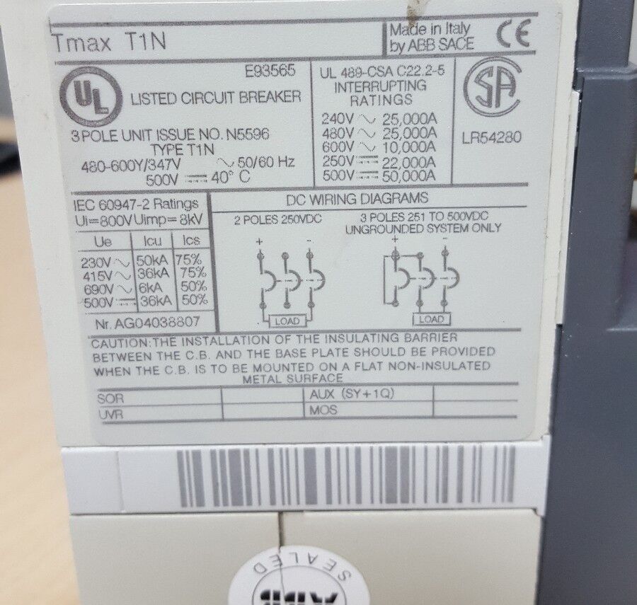 ABB E93565 TMAX 277-600Vac/500Vdc 15A 3P Circuit Breaker