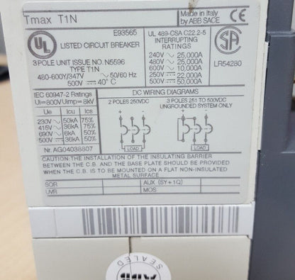 ABB E93565 TMAX 277-600Vac/500Vdc 15A 3P Circuit Breaker