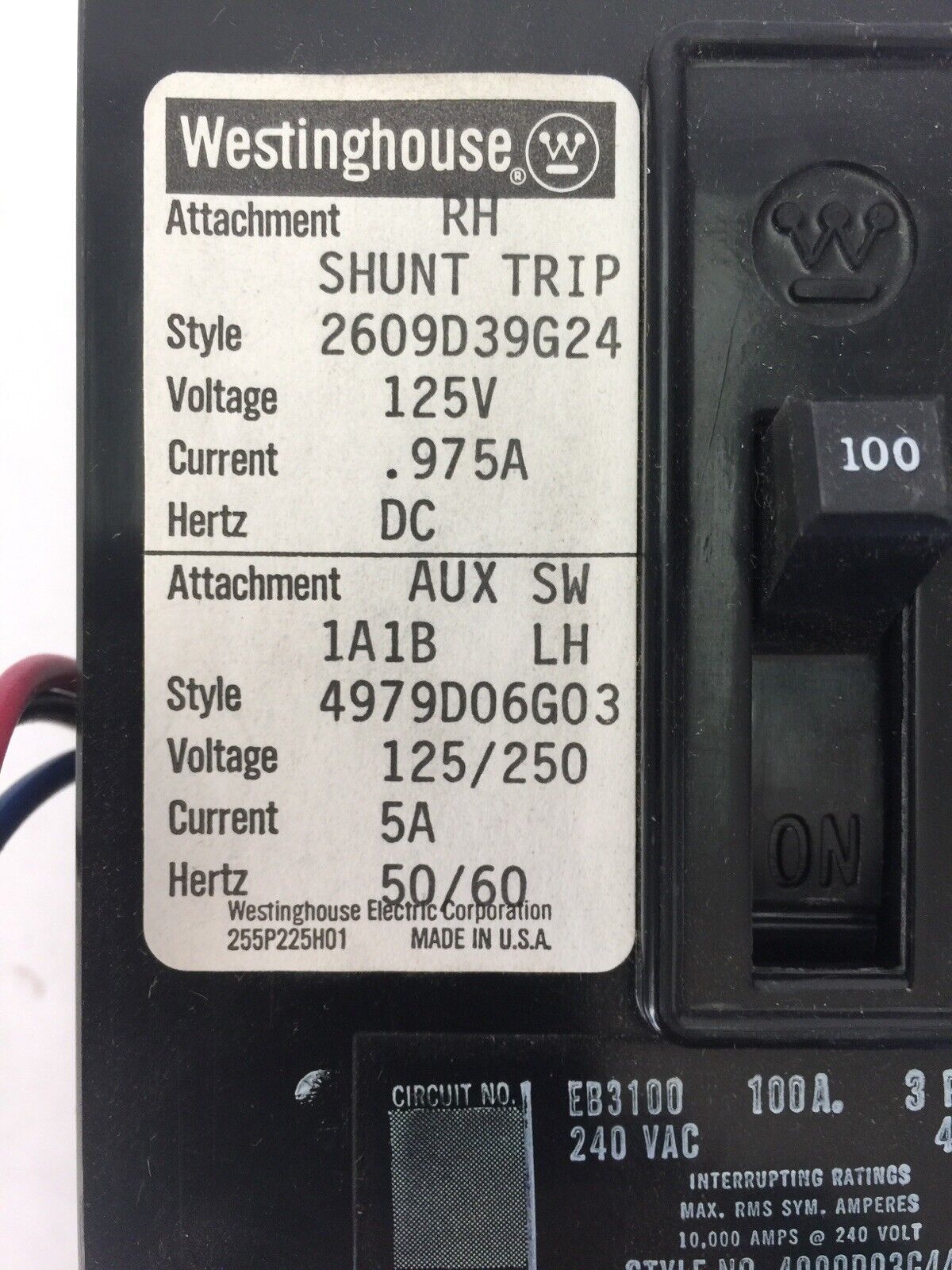 WESTINGHOUSE EB3100 CIRCUIT BREAKER 100AMP 3POLE 240VAC 2609D39G24 4979D06G03