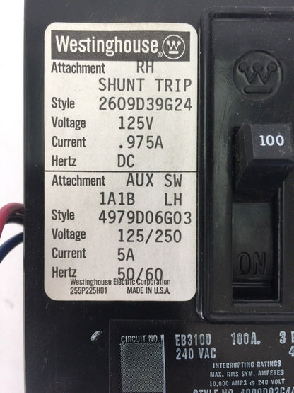 WESTINGHOUSE EB3100 CIRCUIT BREAKER 100AMP 3POLE 240VAC 2609D39G24 4979D06G03
