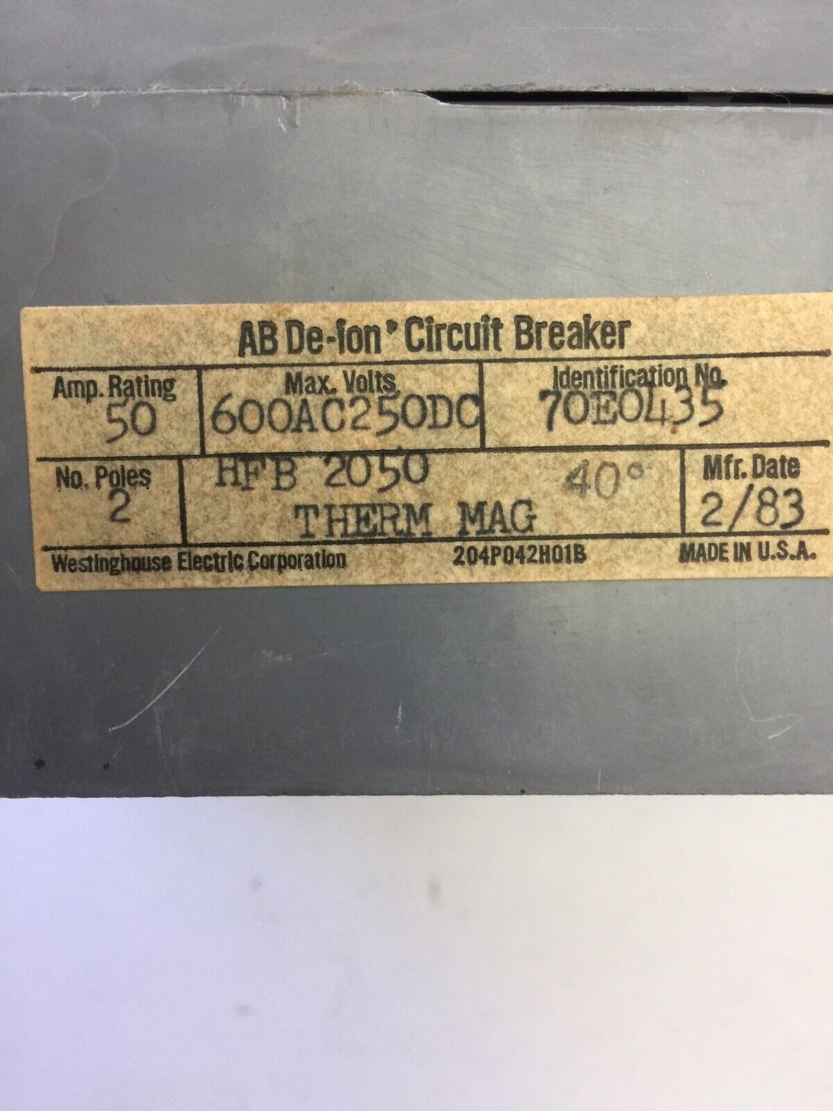 WESTINGHOUSE HFB2050 CIRCUIT BREAKER 50A 600VAC 250DVC 2P 1B ALARM SW 1252C09G11