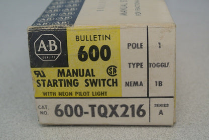 ALLEN-BRADLEY 600-TQX216 / MANUAL MOTOR STARTING SWITCH, TOGGLE / NEW SURPLUS