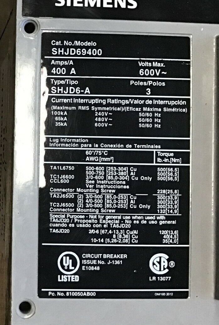 SIEMENS SHJD69400 CIRCUIT BREAKER 400A 3POLE 600VAC