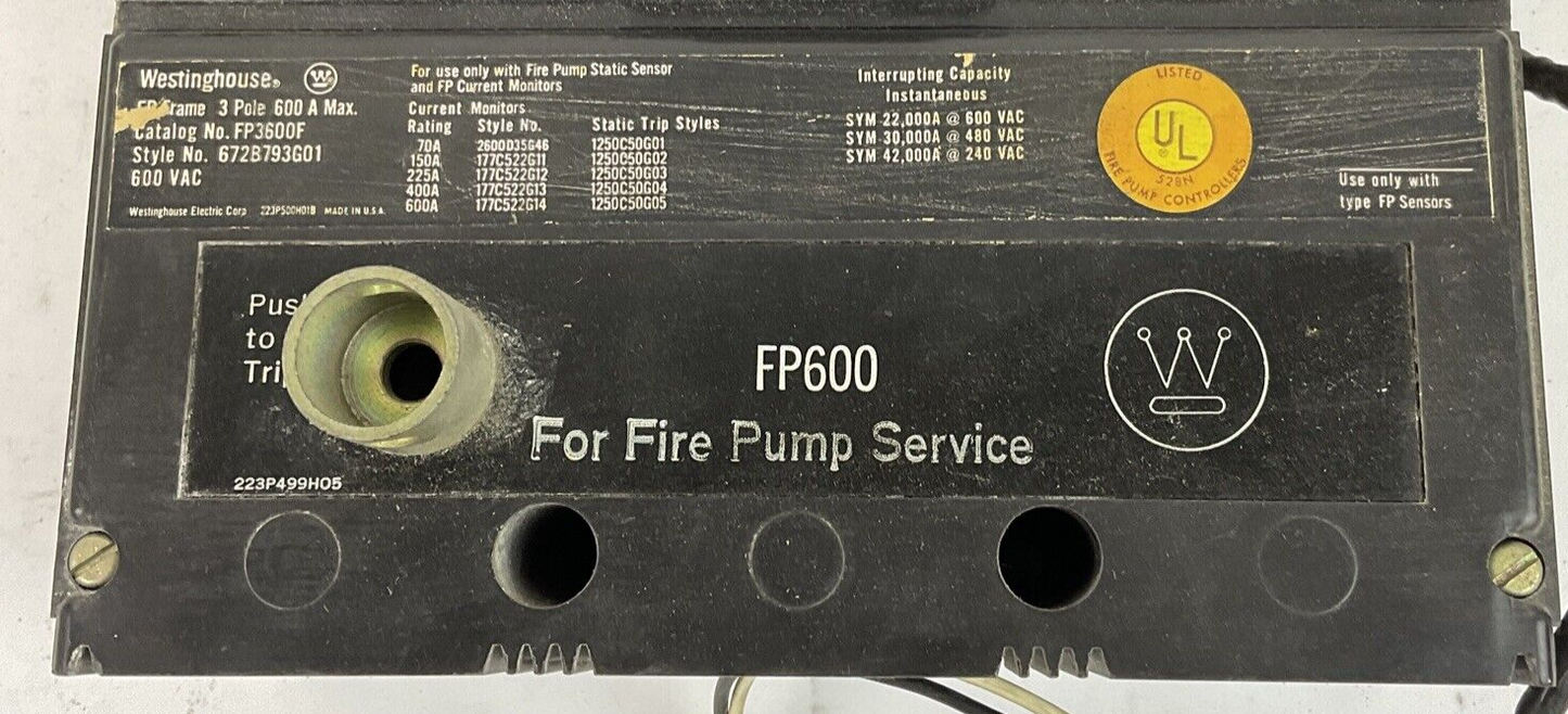 WESTINGHOUSE FP3600F CIRCUIT BREAKER 600A 600V 3POLE