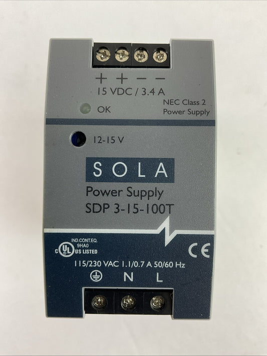 SOLA SDP 3-15-100T POWER SUPPLY 15VDC 3.4A NEC CLASS2 115/230VAC 1.1/0.7A