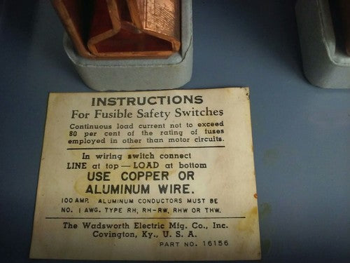 WADSWORTH 3810N FUSIBLE SERVICE DISCONNECT 3PH 4 WIRE 100A 120/240VAC 5