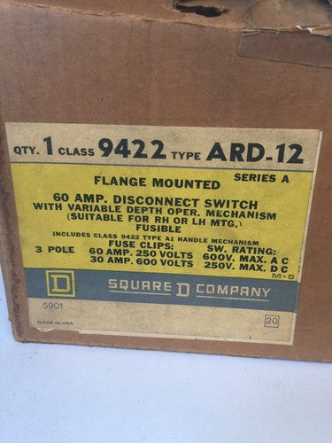 SQUARE D 9422 ARD-12 FLAGE MOUNT 60AMPS DISCONNECT SWITCH 600VAC 250VDC 3 POLES1