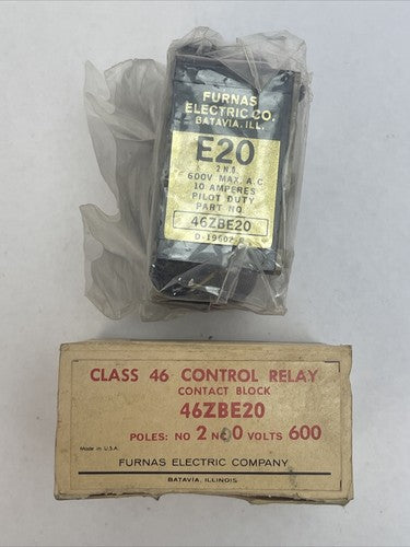 FURNAS 46ZBE20 CONTACT BLOCK 600VAC 10AMP PILOT DUTY 2N.O.0