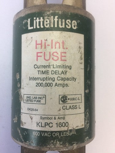 LITTELFUSE KLPC1600 HI-INT FUSE CURRENT-LIMITING TIME DELAY 1600A 600VAC CLASS L1