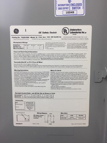 GE TH2261RDC HEAVY DUTY SAFETY SWITCH 2 POLE 2 WIRE 30 AMP VOLTS: 600VDC/250VDC5