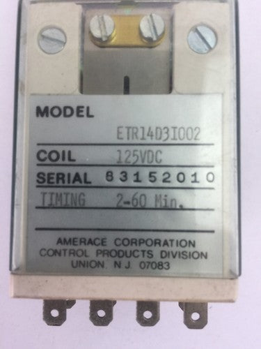 AGASTAT ETR14D3I002 RELAY COIL 125VDC TIMING 2-60 MIN.1
