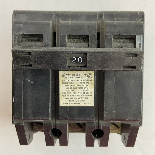 CROUSE-HINDS MP320 CIRCUIT BREAKER 3POLE 20AMP 240VAC0