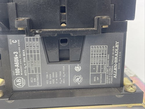 ALLEN BRADLEY 104-A60ND3 REVERSING CONTACTOR SER C 60AMP 600VAC 3PHASE 50HP6