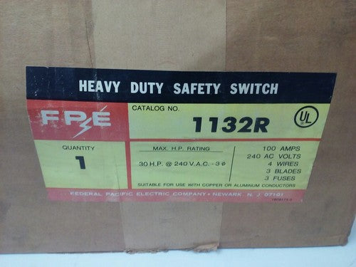 FPE 1132R FUSIBLE HEAVY DUTY SAFETY SWITCH 3P, 100A, 240VAC, 4 WIRE, 30HP1