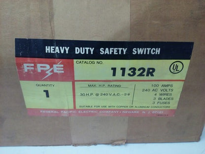 FPE 1132R FUSIBLE HEAVY DUTY SAFETY SWITCH 3P, 100A, 240VAC, 4 WIRE, 30HP1
