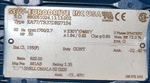 SEW-EURODRIVE KA77/TR37DRS71S4 SPEED REDUCER AND GEARBOX RPM 1700/2.7 HP .501