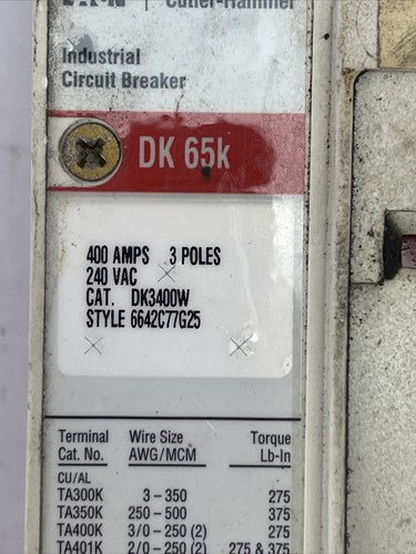 EATON CUTLER HAMMER DK 65K DK3400W CIRCUIT BREAKER, 400AMP 3 POLE, 240vAC1