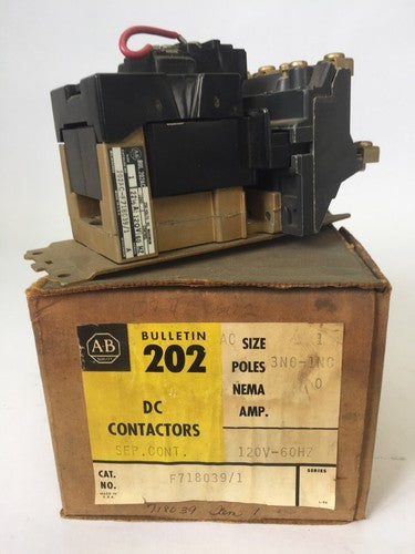 ALLEN BRADLEY 202AC-F718039/1 DC CONTACTOR 250VDC 3NO-1NC 71A86 COIL 120V 60HZ0