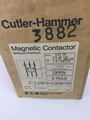 CUTLER HAMMER C10AN30AB MAGNETIC CONTACTOR W/O INTERLOCK COIL 120V 60HZ 0