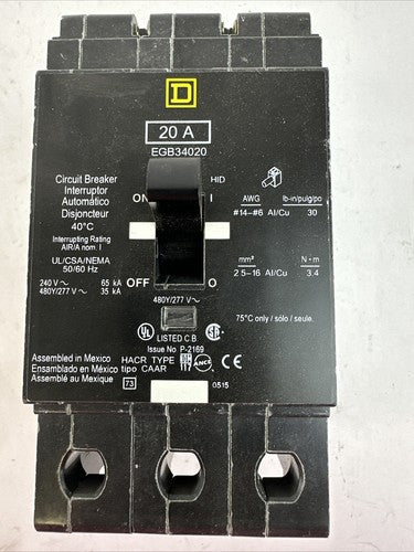 SQUARE D EGB34020 CIRCUIT BREAKER 20A 240VAC 480Y/277VAC 3POLE0