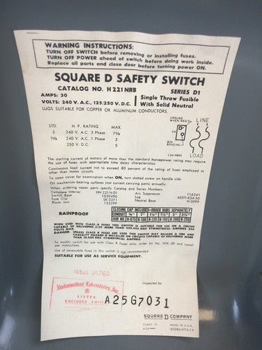 SQUARE D H221NRB SERIES D1 FUSIBLE SAFETY SWITCH 30A 240VAC 125/250VDC 2POLE 5