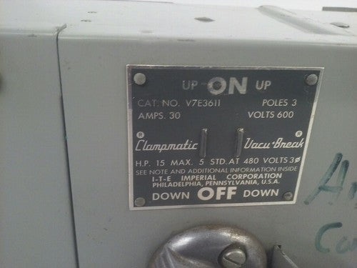 ITE V7E3611 TWIN PANNELBOARD VACU BREAK CLAMPMATIC SWITCH 3P 3PH 30A 600V 20HP2