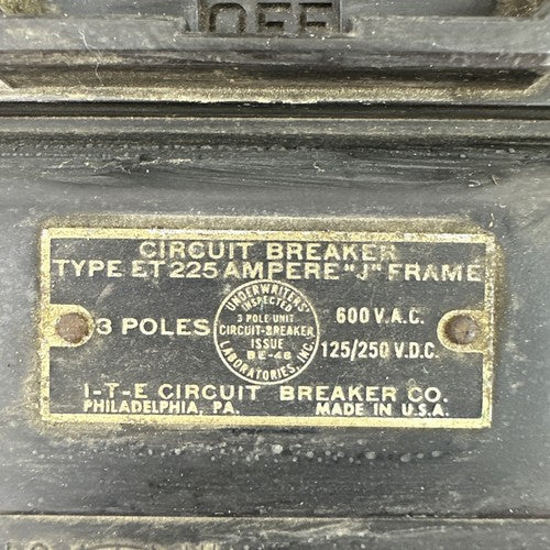 ITE ET5917 CIRCUIT BREAKER 225AMP 600VAC 3POLE TYPE ET 225 AMP "J" FRAME1