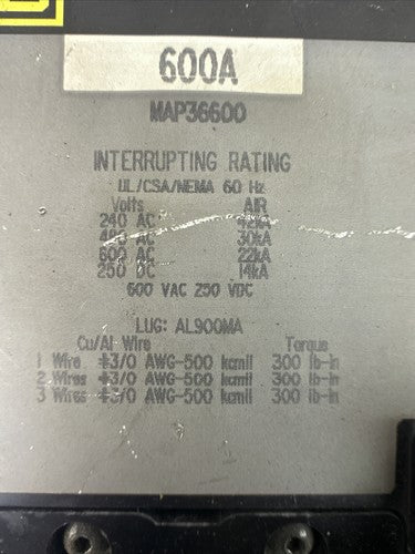SQUARE D MAP36600 CIRCUIT BREAKER 600AMP 600VAC 250VDC 3POLE1