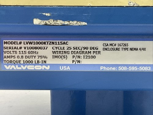VALVCON LVW1000KTZN115AC ELECTRIC VALVE ACUTATOR CYCLE 25 SEC/90 DEG 115V1