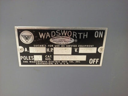 WADSWORTH 8963R ENCLOSED SAFETY SWITCH, 60A, 240V, 3P, HORSE POWER 15-30, NEW1