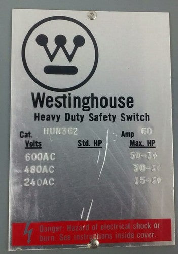WESTINGHOUSE, HUN362, SAFETY SWITCH, 60A, 600V, 3P, TYPE 1 INDOOR ENCLOSURE, NEW1