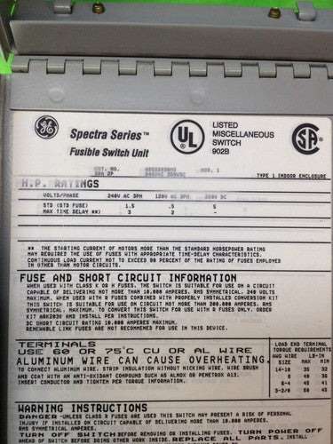 GE SPECTRA SERIES FUSIBLE SWITCH UNIT ADS22030HS 30A 240V 3HP2