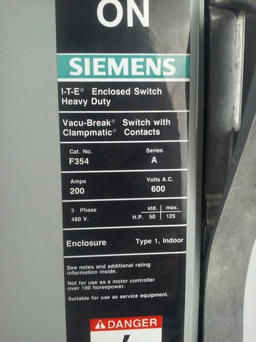 SIEMENS ITE F354 SER. A VACU-BREAK SWITCH CLAMPMATIC 3PH 200A 600V 150HP TYPE 11