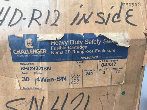 CHALLENGER RHDN321SN HEAVY DUTY SAFETY SWITCH 240VAC 30AMP 3PH 7-1/2HP RAINPROOF1