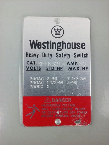 WESTINGHOUSE RHFN321 SAFETY SWITCH 30A, 240V, 3P FUSIBLE, TYPE 3R RAINPROOF, NEW1