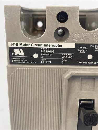 ITE HE3A003 MOTOT CIRCUIT INTERRUPTER 3AMP 480VAC 3POLE TYPE HE ETI3