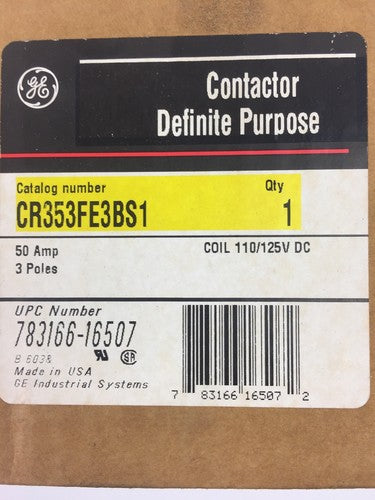 GE CR353FE3BS1 CONTACTOR DEFINITE PURPOSE 50 AMP 3 POLES COIL 110/125V0