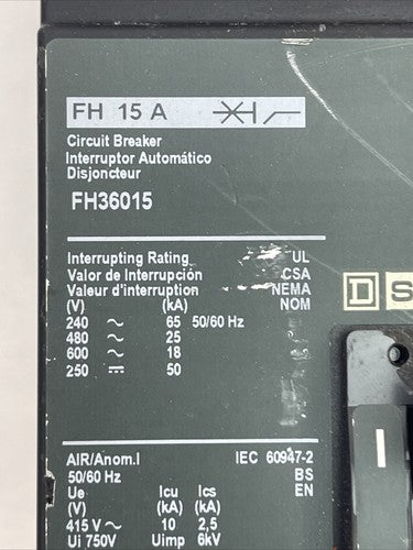 SQUARE D FH36015 CIRCUIT BREAKER 600VAC 250VDC 15AMP 3POLE1