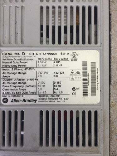 ALLEN BRADLEY POWER FLEX 70 20AD3P4A0AYNNNC0 AC DRIVE INPUT 432-528VAC OUTPUT 1