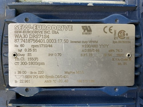 SEW-EURODRIVE WA30 DRS71S4 GEAR MOTOR Hz 60 rpm 1710/44 v230/460 YY/Y1