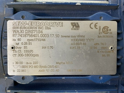 SEW-EURODRIVE WA30 DRS71S4 GEAR MOTOR Hz 60 rpm 1710/44 v230/460 YY/Y1