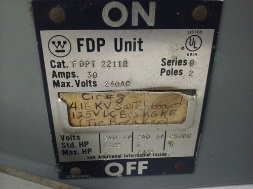 WESTINGHOUSE FDPT2211R SER.B FUSIBLE TWIN PANELBOARD SWITCH 30A 240V 2P 7.5HP2